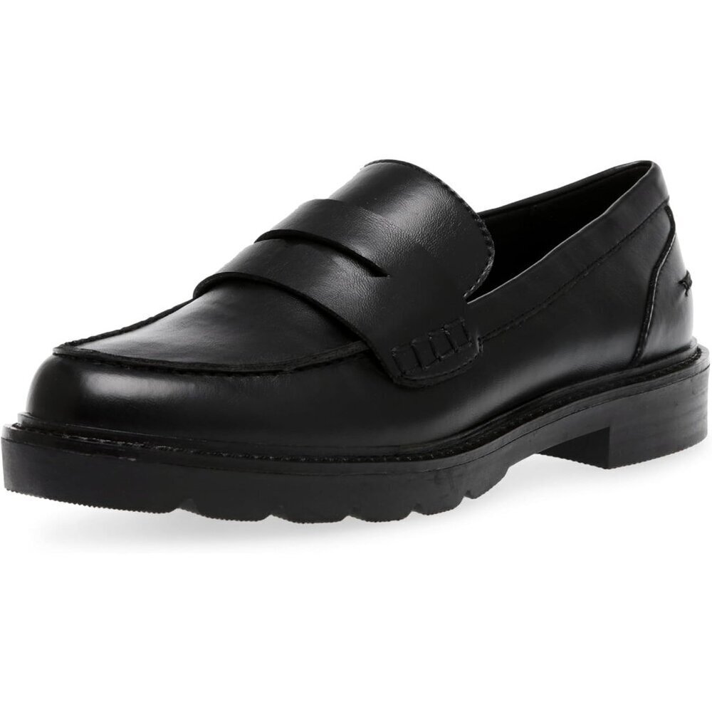Anne Klein Womens Black Pu Rubber Low Chunky Heel Rounded Toe Loafer Flat